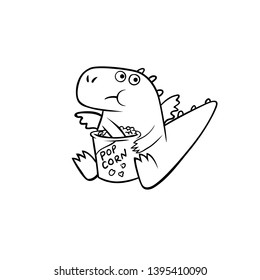 Character Cute Dragon Funny Doodle. Fast Food Pop Corn Sit down