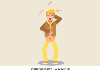 A character of a cute farm boy laughs out loud. Thanksgiving theme. Simple character vector illustration.