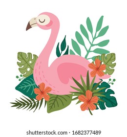 The character of cute flamingo sitting with tropical flower in flat vector.