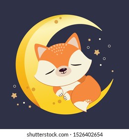 The character of cute fox sleepping on the half moon with a star in flat vector style. Illustration for background, graphic,content , banner, sticker label and greeting card.