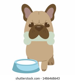 The character of cute french bulldog bike a bone and have bowl of milk in flat vector style. 