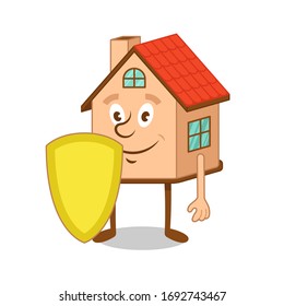 С Artoon Charakter eines süßen freundlichen Hauses mit goldenem Schild zum Schutz der Besitzer im Inneren. Sicherheitssystem für die Häuser. Moderne Vektorillustration Flach Design Illustration.