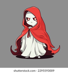 Un personaje encantador fantasma pequeño capucha roja montando una capa roja sobre ella