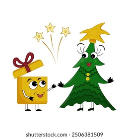 Character cute gift and character Charismatic Christmas tree. Funny hand drawn vector illustration. Cheerful cartoon characters celebrate New Year with fireworks.