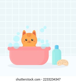  Character cute ginger cat taking a bath. The concept of pet care. Vector cartoon flat illustration.