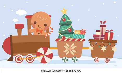 El personaje de un tierno lindo conduce un tren al estilo de un vector plano. Ilustración sobre navidad y navidad para contenido, gráfico, tarjeta de bienvenida.