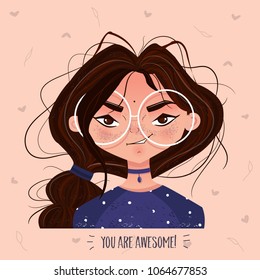 Character cute girl brunette in glasses card you are awesome. Emoji with woman facial expressions. Vector illustration in cartoon style