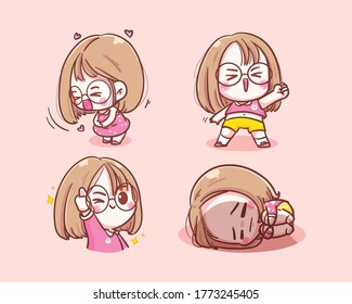 Character Cute girl illustration set. Premium Vector