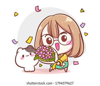 Character of cute girl and little cat holding flower bouquet isolated on white background with congratulation or birthday concept.