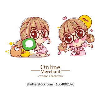 Character of cute girl online merchant cartoon set illustration logo. Premium Vector