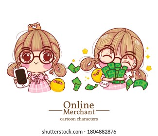 Character of cute girl online merchant Holding mobile and embrace money cartoon set illustration logo. Premium Vector