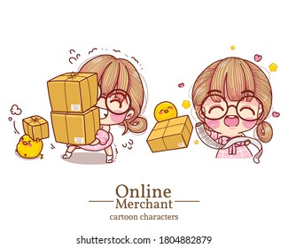 Character of cute girl online merchant Lifting the box and carrying Tracking number cartoon set illustration logo. Premium Vector