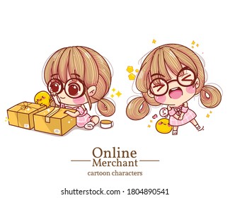 Character of cute girl online merchant packing boxes cartoon set illustration logo. Premium Vector