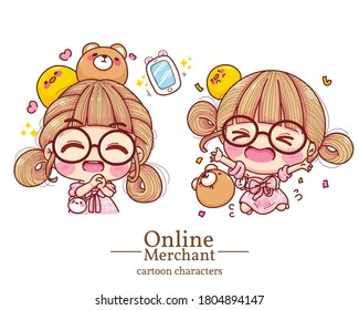 Character Of Cute Girl Online Merchant Smiling With Joy Cartoon Set Illustration Logo. Premium Vector