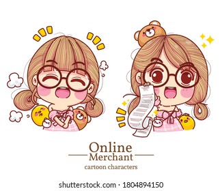 Character Of Cute Girl Online Merchant Holding Tracking Number Cartoon Set Illustration Logo. Premium Vector