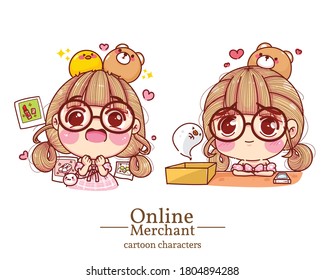 Character Of Cute Girl Online Merchant Feeling Excited And Sad Cartoon Set Illustration Logo. Premium Vector