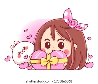 Character of cute girl and white rabbit playing pink heart gift box with romantic valentine day isolated on white background.