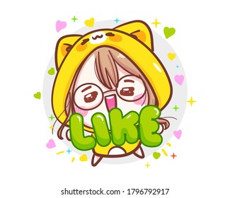 Character of cute girls holding LIKE message symbol isolated on white background with favorite concept.