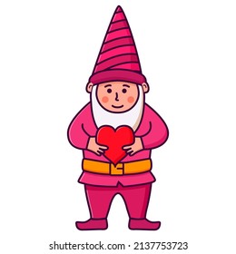 Character cute gnome hold red heart for Valentine day greeting card.Line art vector illustration. Isolated on white background.