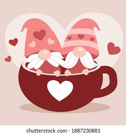 The character of cute gnomes in red cup. illustation about love and valentine's day with flat vector style.