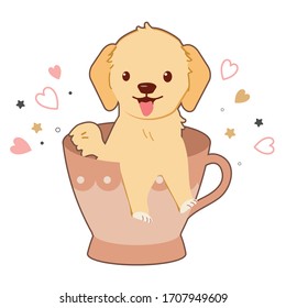 The character of cute golden retriever dog in the teacup. illustation cute cartoon dog in the teacup.