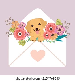 The character of cute golden retriever dog sitting in the letter with heart sticker and flower in flat vector. Illustration about love and valentin's day.