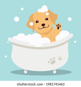 The character of cute golden retriever in the tube with flat vector style. illustation about dog grooming for content, graphic, greeting card ,baby shower. 