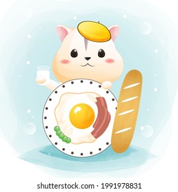Der Charakter eines süßen Hamsters mit The Breakfast Ei Schinken Brot und Milch.
