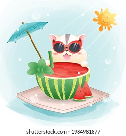 The character of a cute hamster and watermelon in summer time watercolor style. 