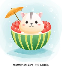 The character of a cute hamster and watermelon in summer time watercolor style. 