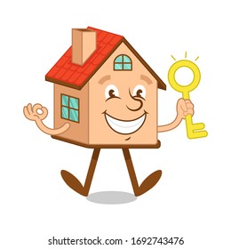 С personaje de arte de casa linda y feliz que salta y sostiene una gran llave de oro desde la puerta de la casa nueva.Ilustración moderna de diseño plano vectorial.