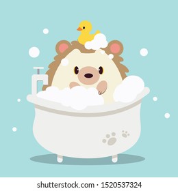 The character of cute hedgehog bathing in the bathtub with bubble in flat vector style. Illustration about pet grooming for graphic,content , banner, sticker label and greeting card.