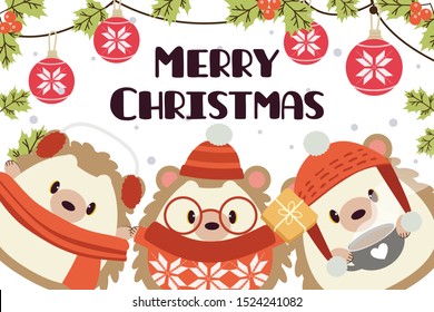 The character of cute hedgehog with christmas theme in flat vector style. Illustration for graphic,content , banner, sticker label and greeting card.