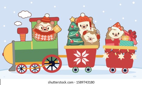  The character of cute hedgehog drive and sitting in the train with christmas tree and gift box in flat vector style. Illustation about chritmas and winter.