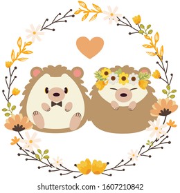 The character of cute hedgehog with the flower ring and heart in flat vector style. Illustration about wedding ,love, valentin's day.