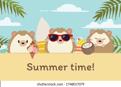 The character of cute hedgehog and friends with summer time theme in flat vector style. illustation about holiday for graphic,content , banner and greeting card.