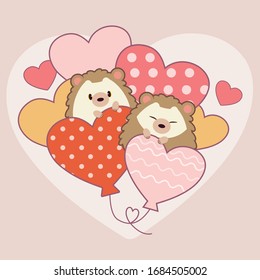 The character of cute hedgehog with the heart ballon on the pink background and white heart in flat vector style.