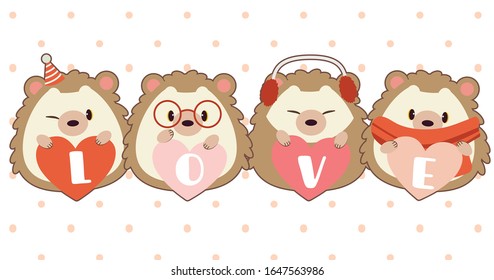 El personaje de adorable erizo con corazón y texto de amor en el fondo blanco con punto polka rosado. el lindo erizo que sostiene un corazón. El lindo erizo al estilo vector plano.