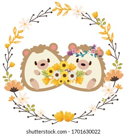 The character of cute hedgehog holding a flower boquet and wear a flower crown in flat vector style. illustation for content , wedding, banner, graphic,etc.