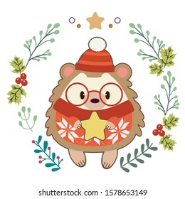 The character of cute hedgehog holding a star with christmas wreath in flat vector style. Illustration about christmas ,winter, holiday theme.