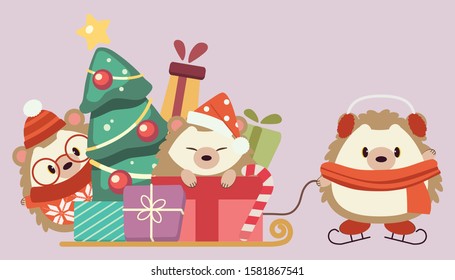 The character of cute hedgehog with pile of gift box and christmas tree on the sleigh in flat vector style. Illustration about winter and christmas theme.