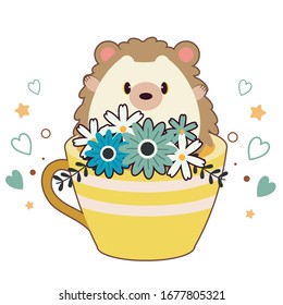 The character of cute hedgehog sitting with the flowers in the cup in flat vector.illustation of hedgehog for content, banner, graphic,greeting card ,etc.