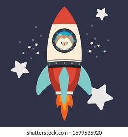 The character of cute hedgehog stay in the big rocket reach. The hedgehog smiling and it look happy and exciting. the group of star in the dark background.