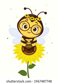 Character cute honey bee with honey pot sits on a sunflower, flower with leaves on a white background. Vector, cartoon style.