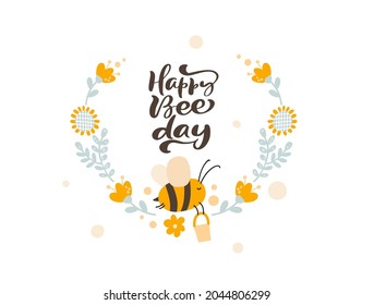 Character of cute kids bee honey with flower wreath on the in flat vector scandinavian style. Baby birthday illustation frame of bee for content, greeting card, graphic.
