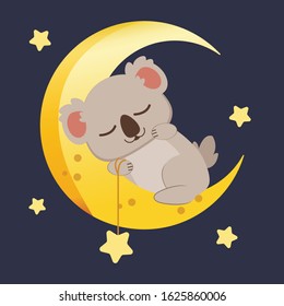 The character of cute koala sleepping on the big moon with star on the night sky in flat vector style.