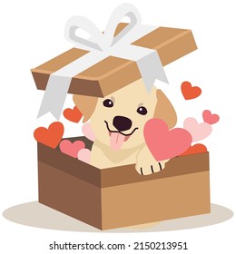 A Character of cute Labrador retriever with box and heart in flat vector style. Illustration about pet and animal.