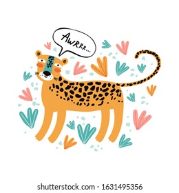 Character is a cute leopard in tropics. Flat vector illustration. Big wild cat. Funny animal. Design, for printing on fabric, clothing, packaging paper, bedding, printing, cards. Baby background