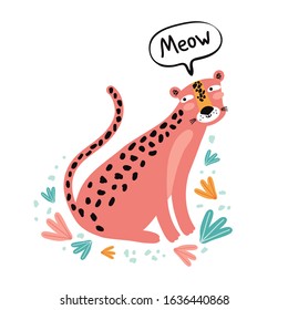 Character is a cute leopard in tropics. Flat vector illustration. Big wild cat. Funny animal. Design, for printing on fabric, clothing, packaging paper, bedding, printing, cards. Baby background