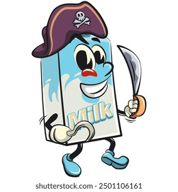 character of a cute milk box cartoon vector isolated clip art mascot illustration as pirate with dagger, work of hand drawn